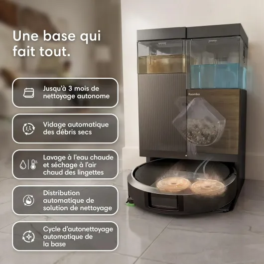 Roomba Plus 576 Combo Robot+AutoWash- 25KPa -Base Multifonction - Lavage à 75°C - séchage des lingettes à 45°C - LiDAR Clearview+Caméra - 3 mois d'autovidage - Accessoires supplémentaires- Noir