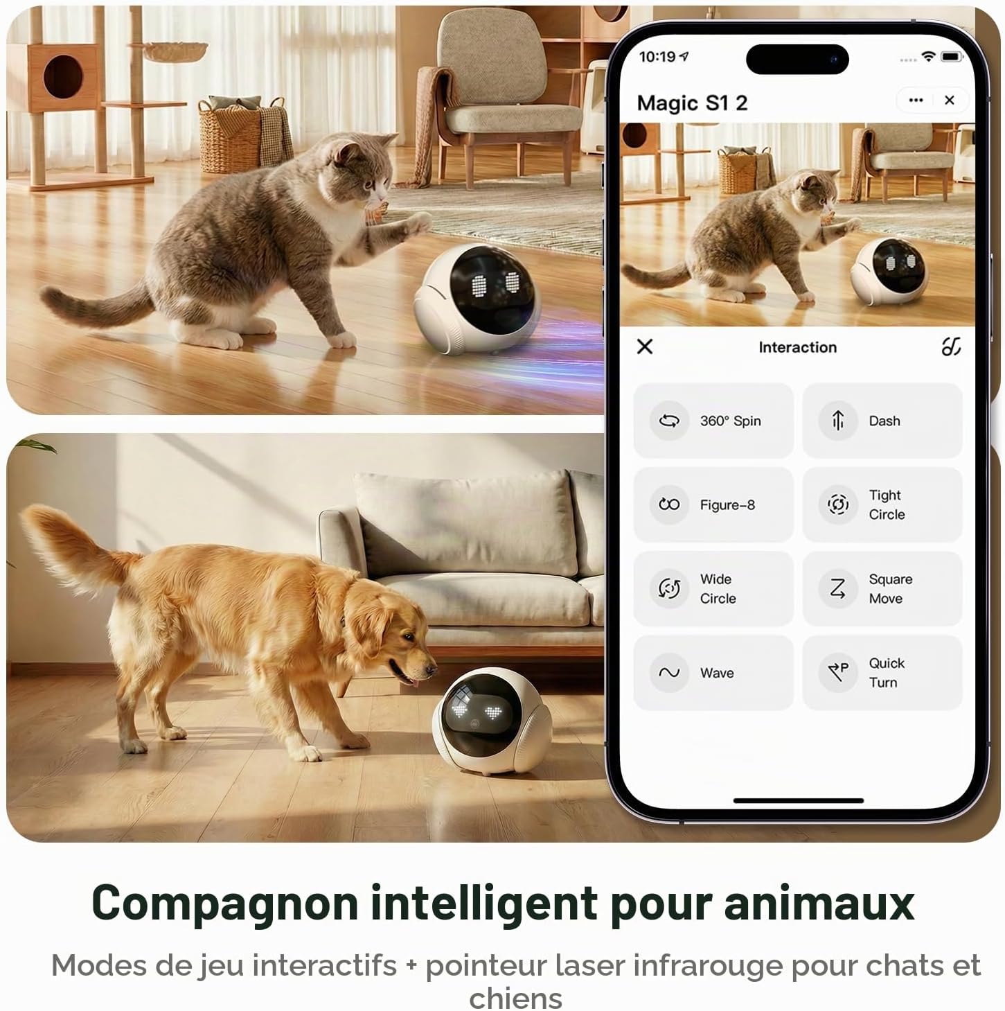 Caméra de sécurité intelligente mobile pour animaux de compagnie pour la maison, surveillance mobile 1080P pour chiens et chats, communication bidirectionnelle, vision nocturne, alimentée par
