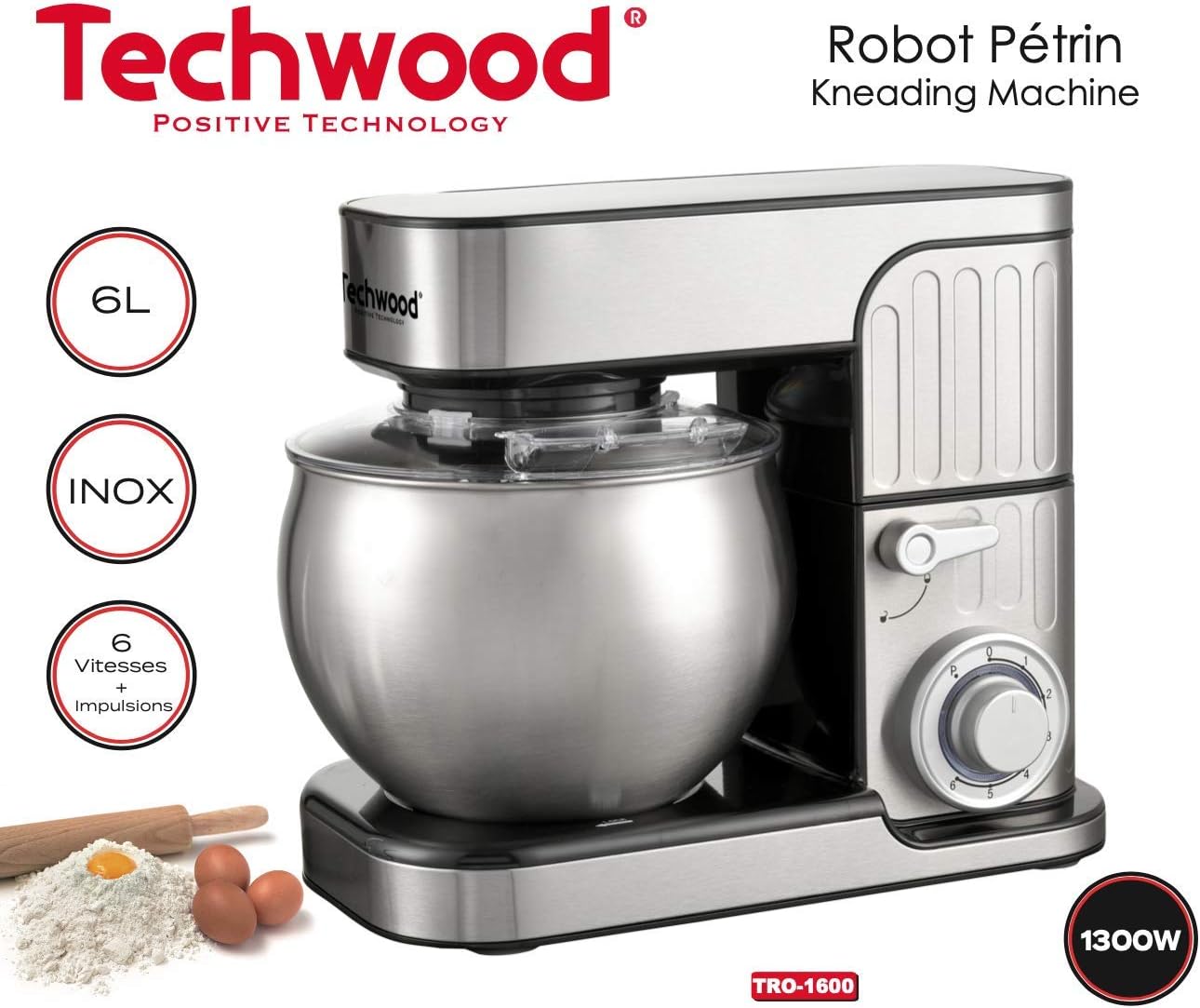 TRO-1600, Robot Pâtissier, Robot Pâtissier Multifonctions avec Bol en Acier 6 L, 1300 W, Inox