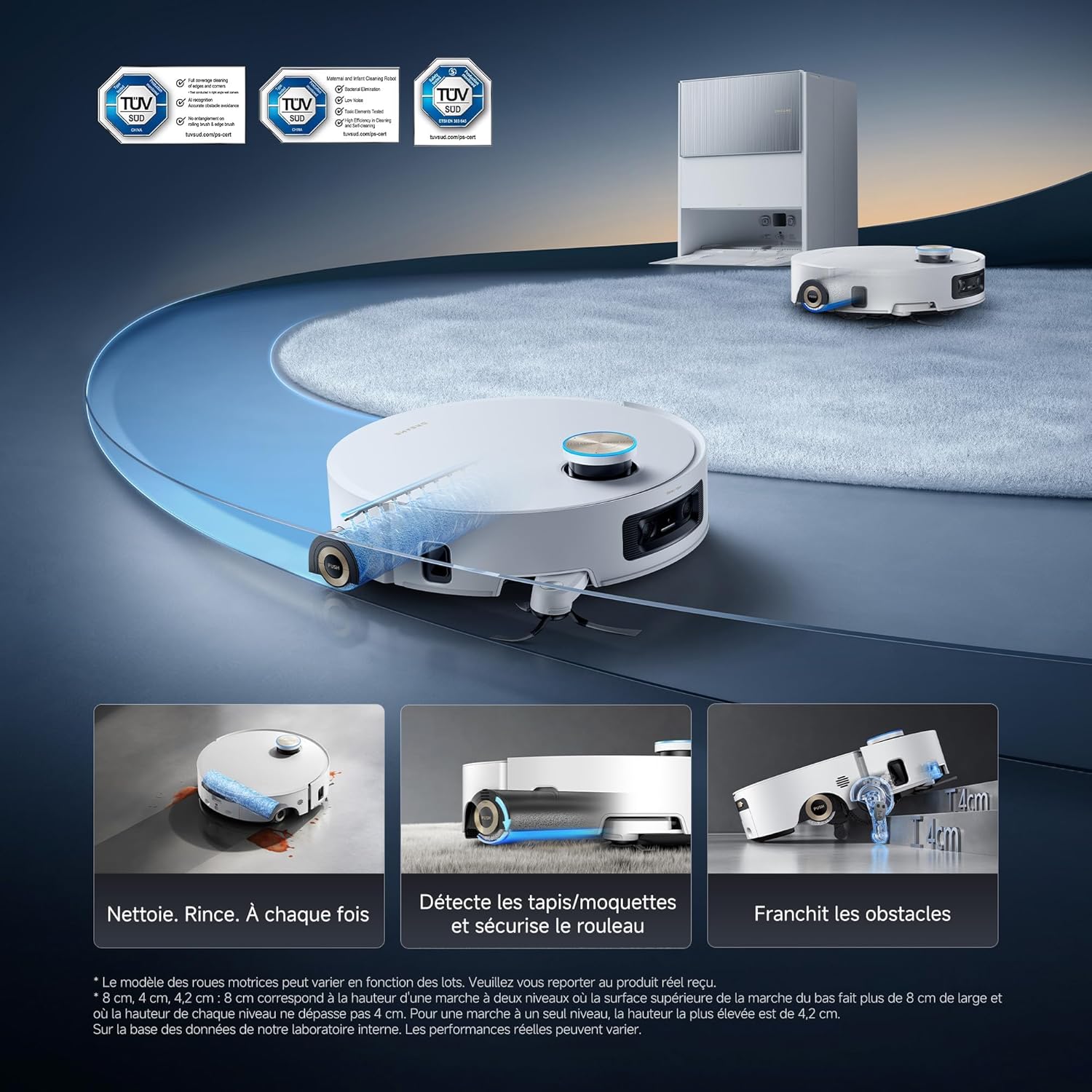 Aqua10 Ultra Roller Complete Robot Aspirateur, Nettoyage Automatique du Rouleau, Aspiration de 30 000 Pa, Évitement d'obstacles de 8 cm, Vidage Automatique, Commande Vocale Intelligente, Blanc