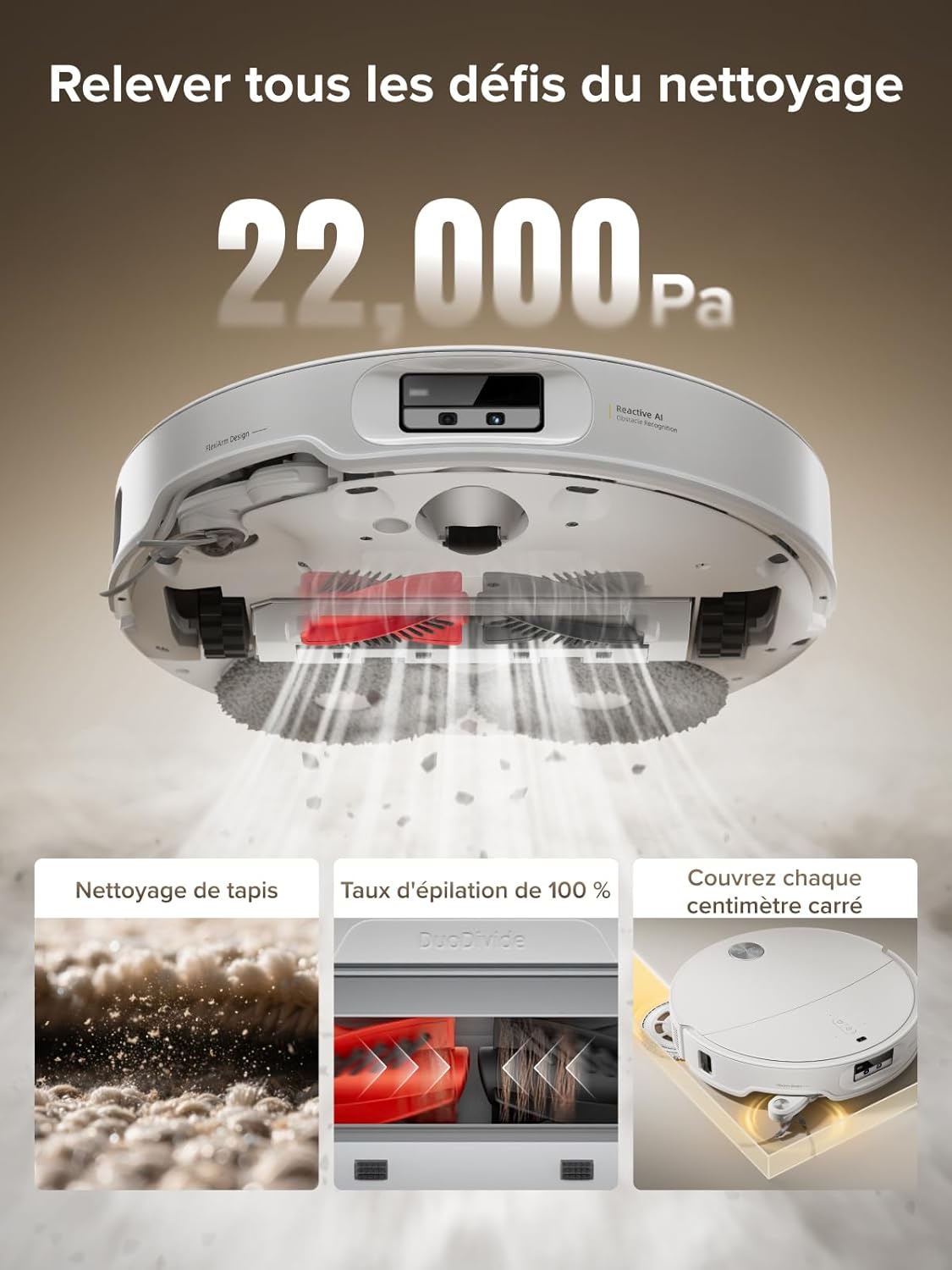 Qrevo CurvX Aspirateur Robot Laveur 22 000 Pa, Brosse et Serpillière FlexiArm, Anti-enchevêtrement, Châssis AdaptiLift, Station Multifonctionnelle 3.0 Thermo+, Commande Vocale, 7,98cm Mince