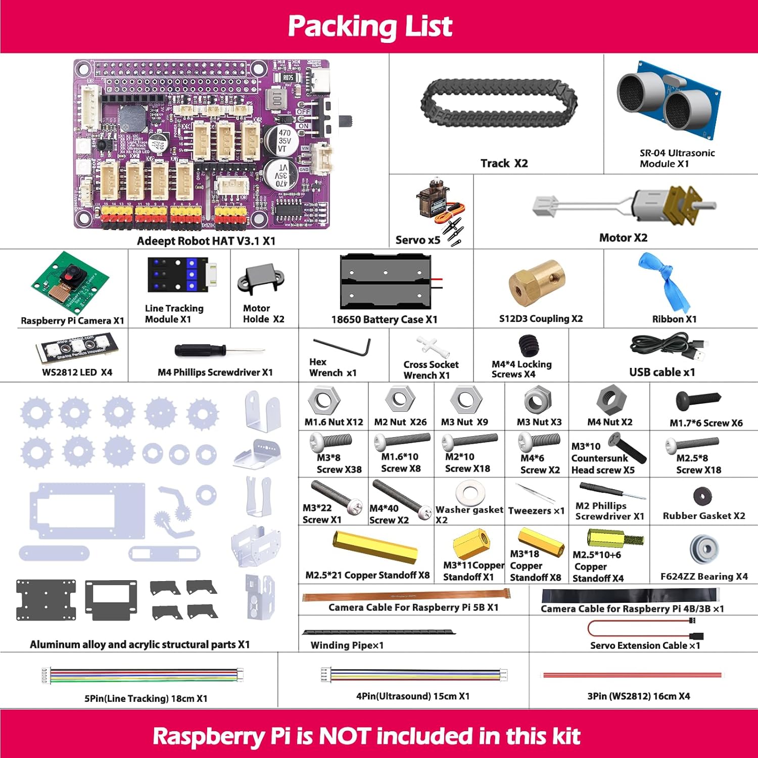 Adeept RaspTank Metal Smart Car Kit for Raspberry Pi 5/4B/3B/3B+(Board Not Included), Tank Tracked Robot with 4-DOF Robotic Arm, Obstacle Avoidance, Line Tracking, with Digital Tutorials