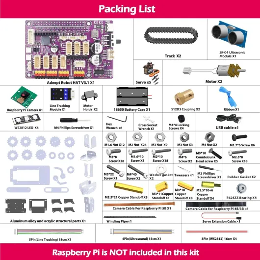 Adeept RaspTank Metal Smart Car Kit for Raspberry Pi 5/4B/3B/3B+(Board Not Included), Tank Tracked Robot with 4-DOF Robotic Arm, Obstacle Avoidance, Line Tracking, with Digital Tutorials