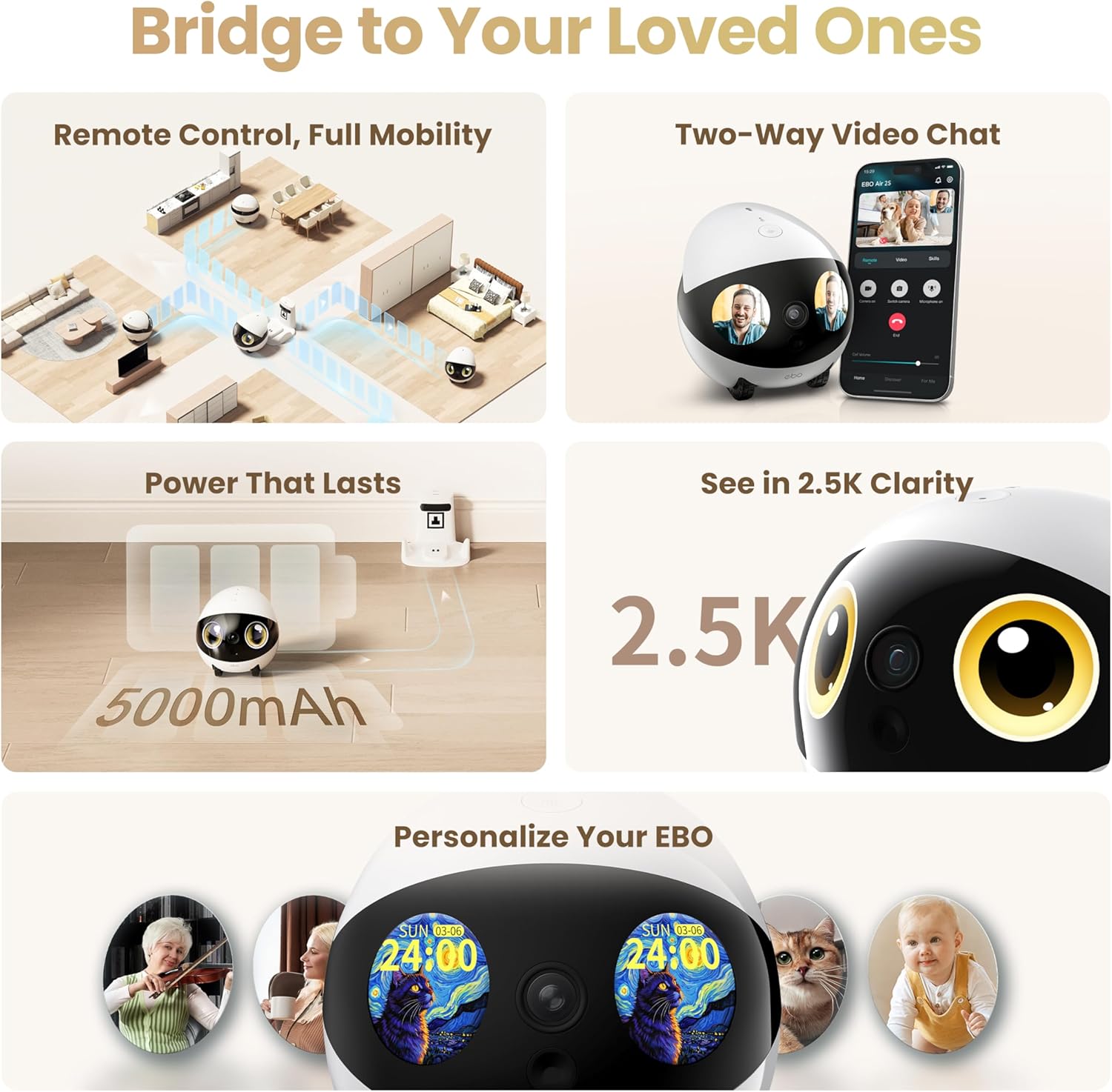 Air 2S FamilyBot - Robot Caméra de Surveillance Intelligent, Patrouille 2.5K, Suivi IA, Caméra pour Animaux, Audio Bidirectionnel, Charge Auto