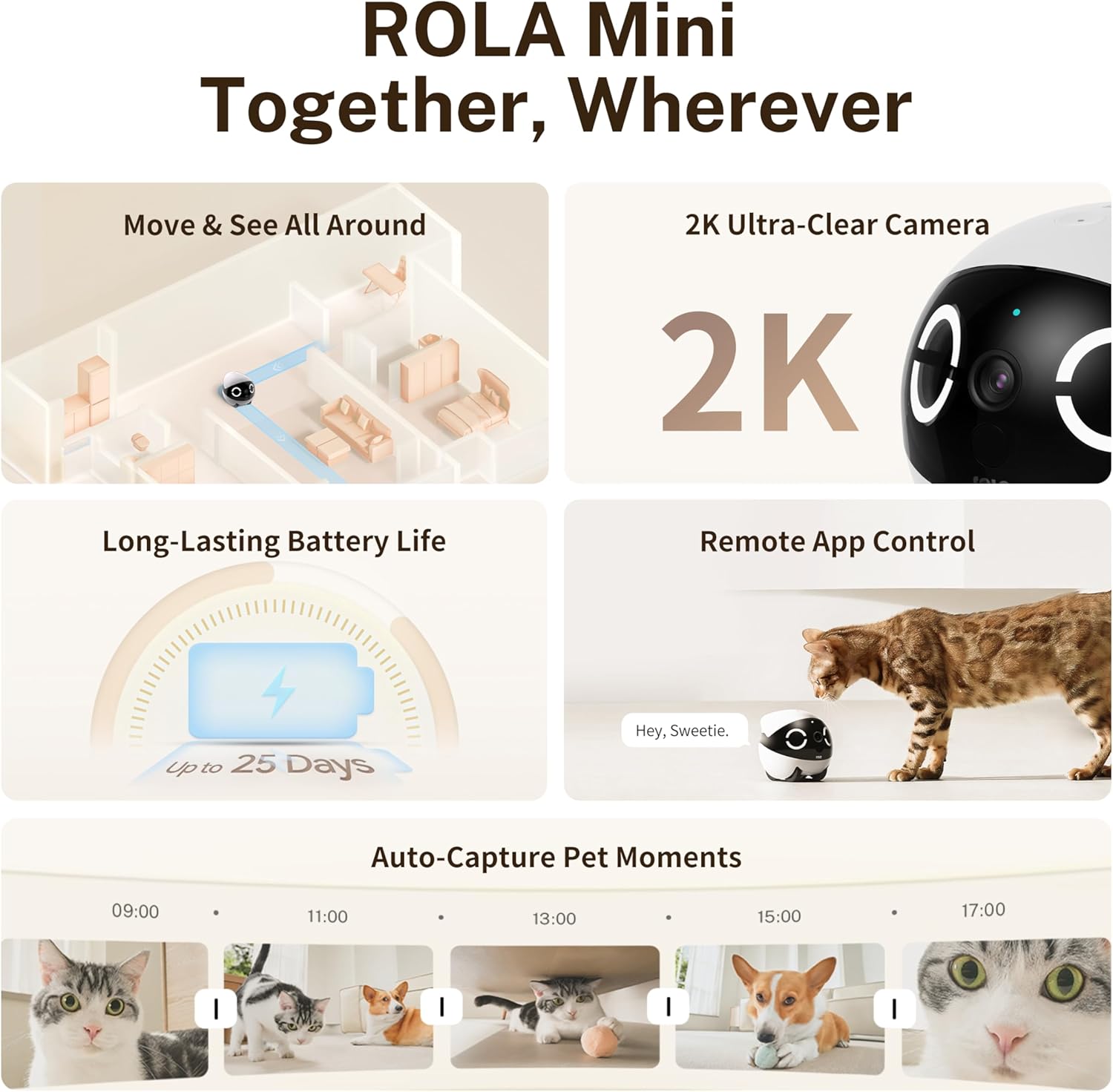 ROLA Mini FamilyBot, 2K Caméra Robot pour Animaux, Caméra Robot pour Animaux Mobile avec app, Appel Tactile, Audio 2 Voies, Vision Nocturne IR, détecteur Mouvement et vidéo