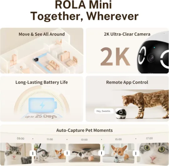 ROLA Mini FamilyBot, 2K Caméra Robot pour Animaux, Caméra Robot pour Animaux Mobile avec app, Appel Tactile, Audio 2 Voies, Vision Nocturne IR, détecteur Mouvement et vidéo