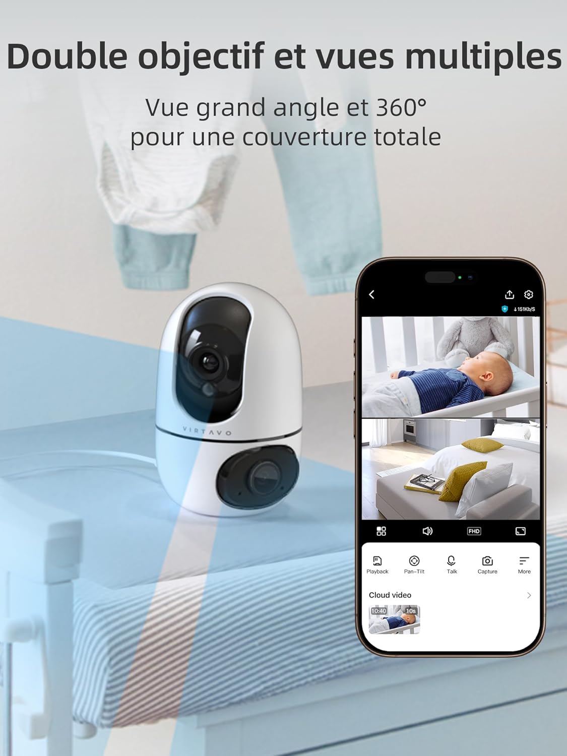 Caméra Surveillance WiFi Intérieure 1080P, 2-en-1 Double Objectif, Rotation 360, Vision Nocturne Couleur, Auto-Suivi, Audio Bidirectionnel, pour Bébé et Animaux