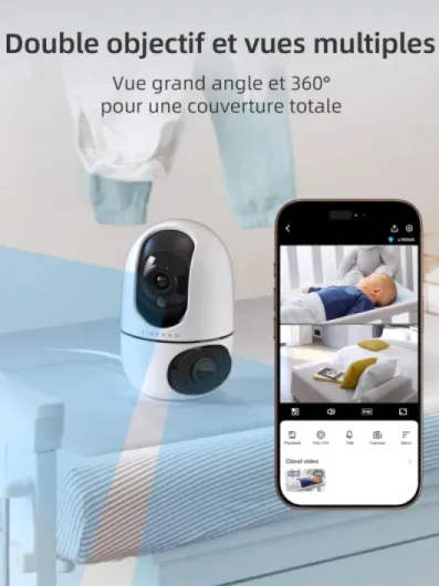 Caméra Surveillance WiFi Intérieure 1080P, 2-en-1 Double Objectif, Rotation 360, Vision Nocturne Couleur, Auto-Suivi, Audio Bidirectionnel, pour Bébé et Animaux