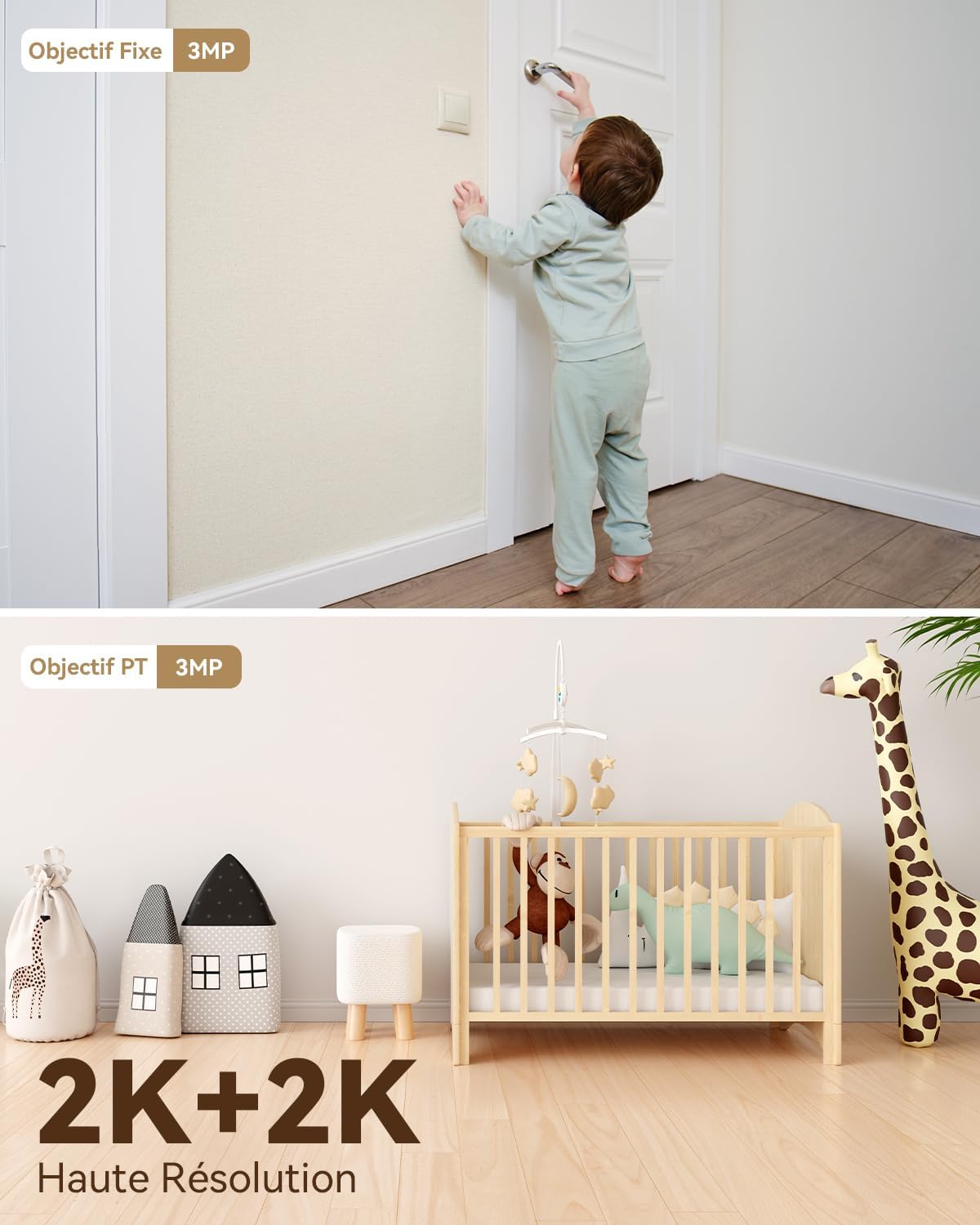 3K(3MP+3MP) Caméra Surveillance WiFi Intérieur Double Objectif, WiFi 2,4G/5GHz, Vision Nocturne Couleur, Détection de Personnes/Animaux, Suivi Automatique, Compatible Alexa pour Bébé/Chien/Maison