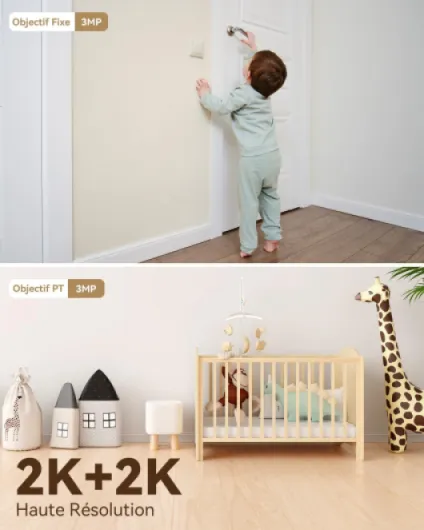 3K(3MP+3MP) Caméra Surveillance WiFi Intérieur Double Objectif, WiFi 2,4G/5GHz, Vision Nocturne Couleur, Détection de Personnes/Animaux, Suivi Automatique, Compatible Alexa pour Bébé/Chien/Maison