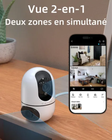 Caméra Surveillance WiFi Intérieure 1080P, 2-en-1 Double Objectif, Rotation 360, Vision Nocturne Couleur, Auto-Suivi, Audio Bidirectionnel, pour Bébé et Animaux