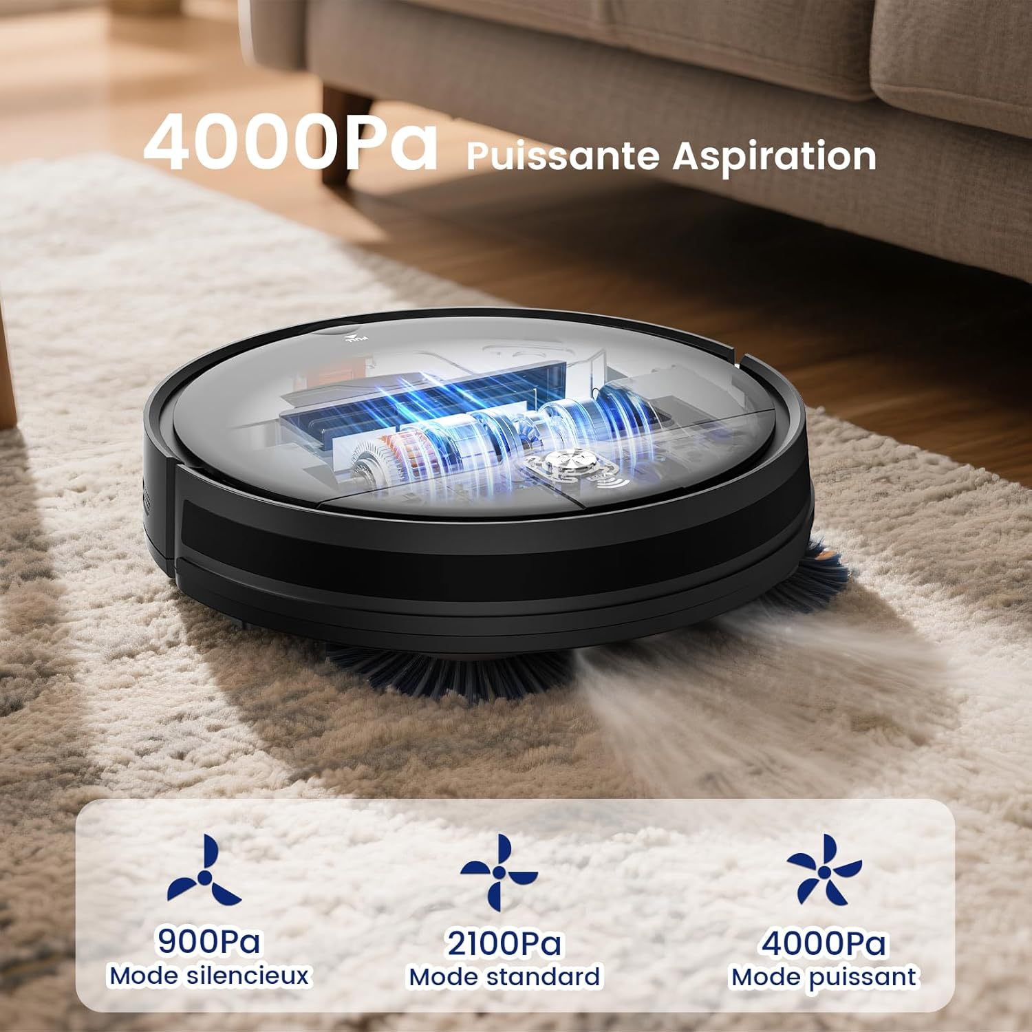 L6 Robot Aspirateur Laveur, 2 en 1 Aspirateur Robot Laveur, 4000Pa, 120 Min d'Autonomie, Alexa/WiFi/APP/Télécommande, Ricarica Automatica, pour Sols Durs, Tapis et Poils d'animaux Noir