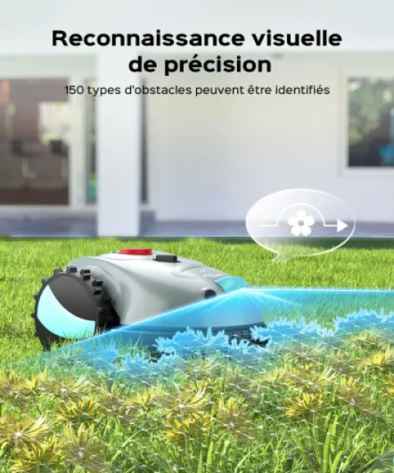 V100 Robot Tondeuse sans Fil Périphérique avec Navigation Visuelle, Coupe en Spirale, Détection d'obstacles 150, Robot Tondeuse Gazon avec Batterie(4Ah), Lames de Rechange Gris clair