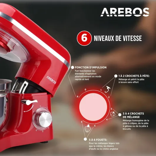 Robot Pâtissier Professionnel 1500W - Rouge - Robot de Cuisine Multifonction avec Fouet, Batteur, Crochet - Bol d'Acier Inoxydable 6 Litres - 6 Vitesses - Fonction Pulse