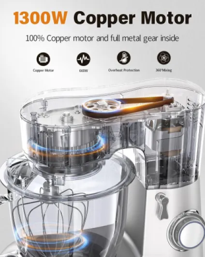 Facelle Robot Patissier, Bol 6,5L en Acier Inoxydable, 1300W Puissant, 10 Vitesses Robot Cuisine, Mixeurs, Batteurs et Robots Multifonctions Argent