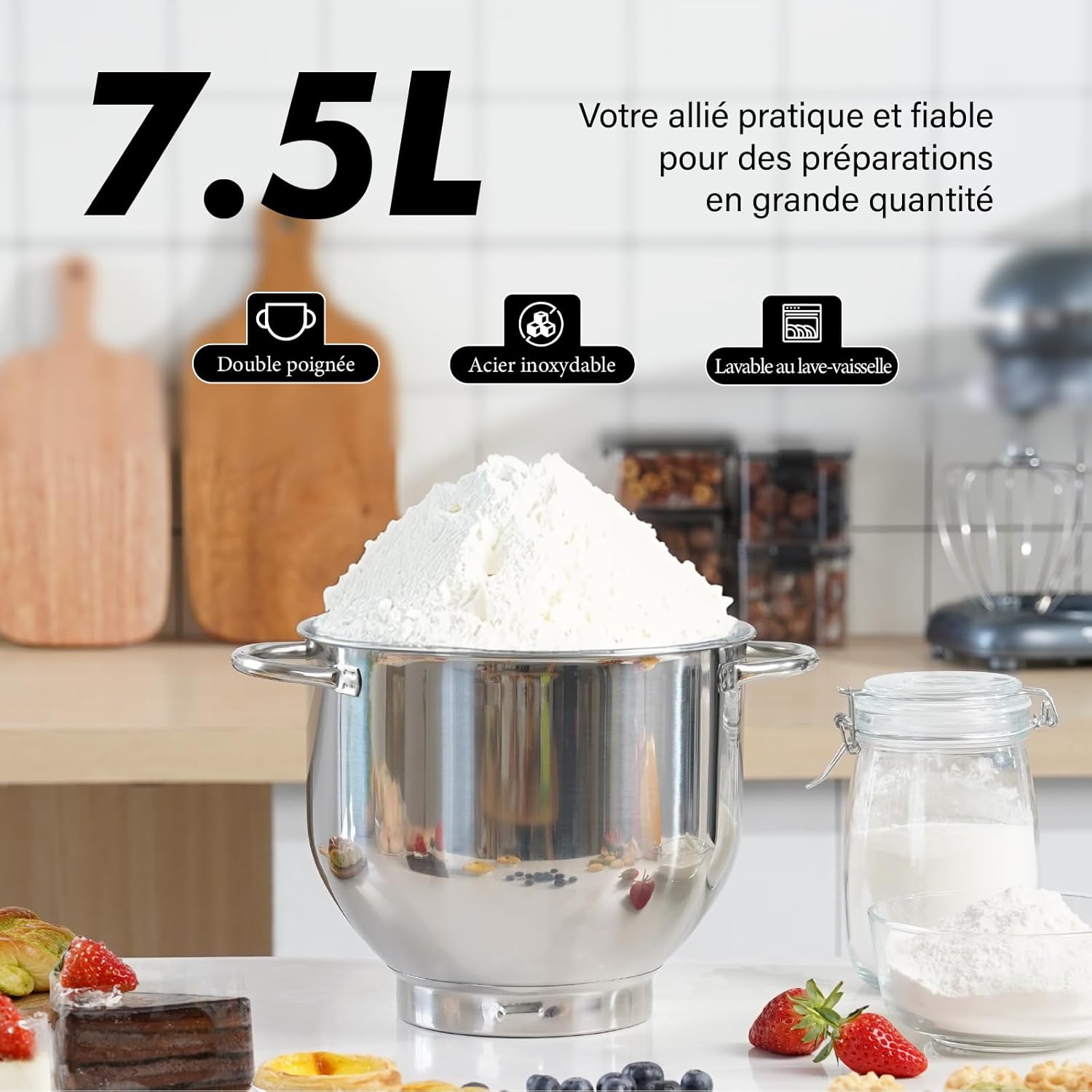 Robot Pâtissier 1400W, Bol 7,5L en Acier Inoxydable, 6 Vitesses, Tête Inclinable, Accessoires Inclus (Fouet, Crochet, Batteur), Idéal pour Pâtisserie et Boulangerie (Noir) 7.5L Noir