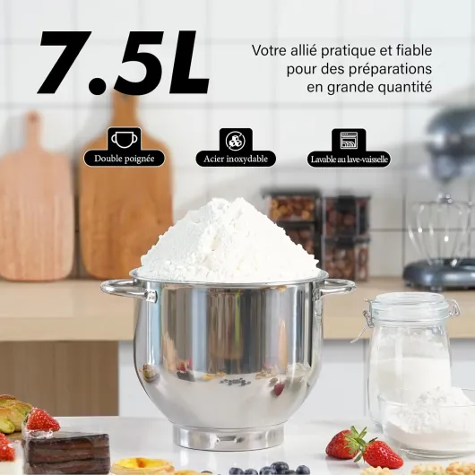 Robot Pâtissier 1400W, Bol 7,5L en Acier Inoxydable, 6 Vitesses, Tête Inclinable, Accessoires Inclus (Fouet, Crochet, Batteur), Idéal pour Pâtisserie et Boulangerie (Noir) 7.5L Noir