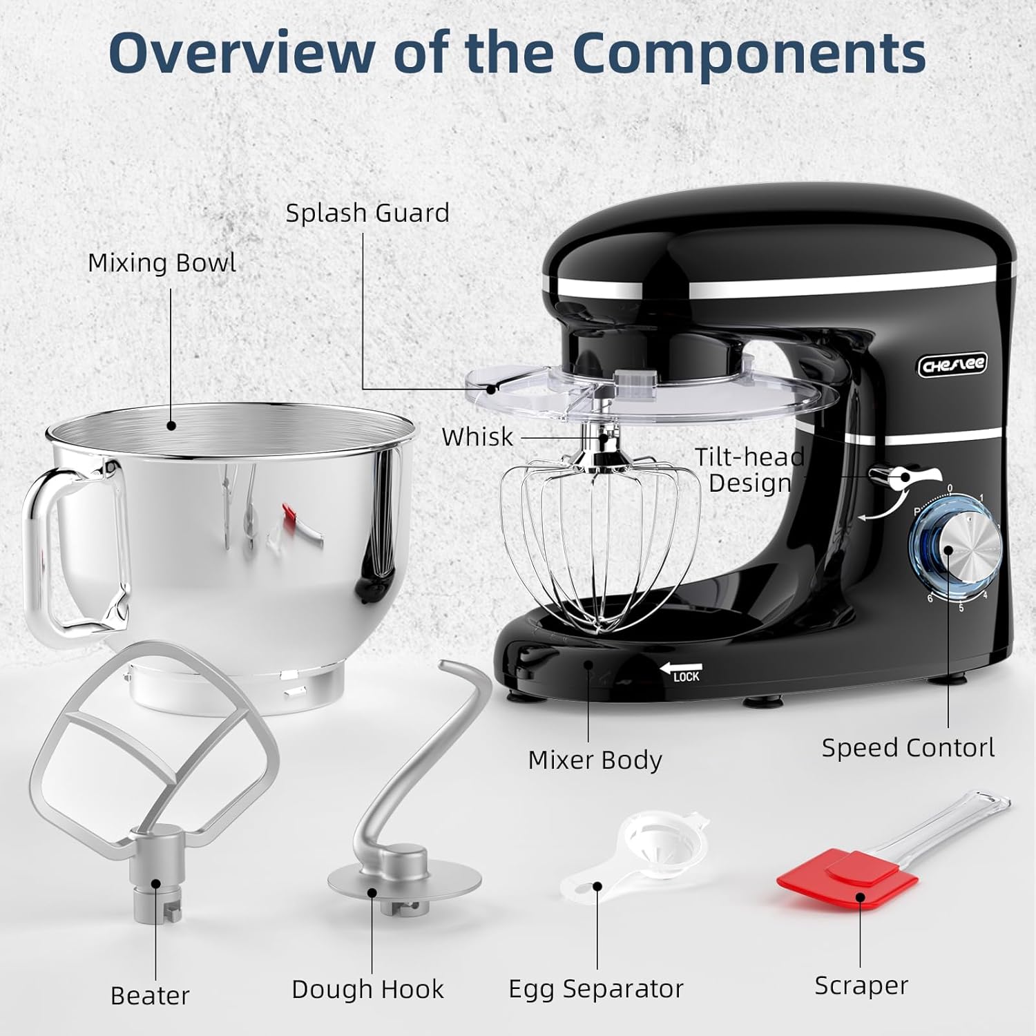 Robot Pâtissier, 2000W Robot Pétrin, 6.2 L Robot de Cuisine Multifonction Faible Bruit avec Bol en Acier inox de,Batteur, Fouet & Crochet 6 Vitesses Black