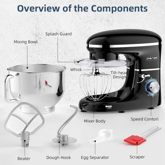 Robot Pâtissier, 2000W Robot Pétrin, 6.2 L Robot de Cuisine Multifonction Faible Bruit avec Bol en Acier inox de,Batteur, Fouet & Crochet 6 Vitesses Black