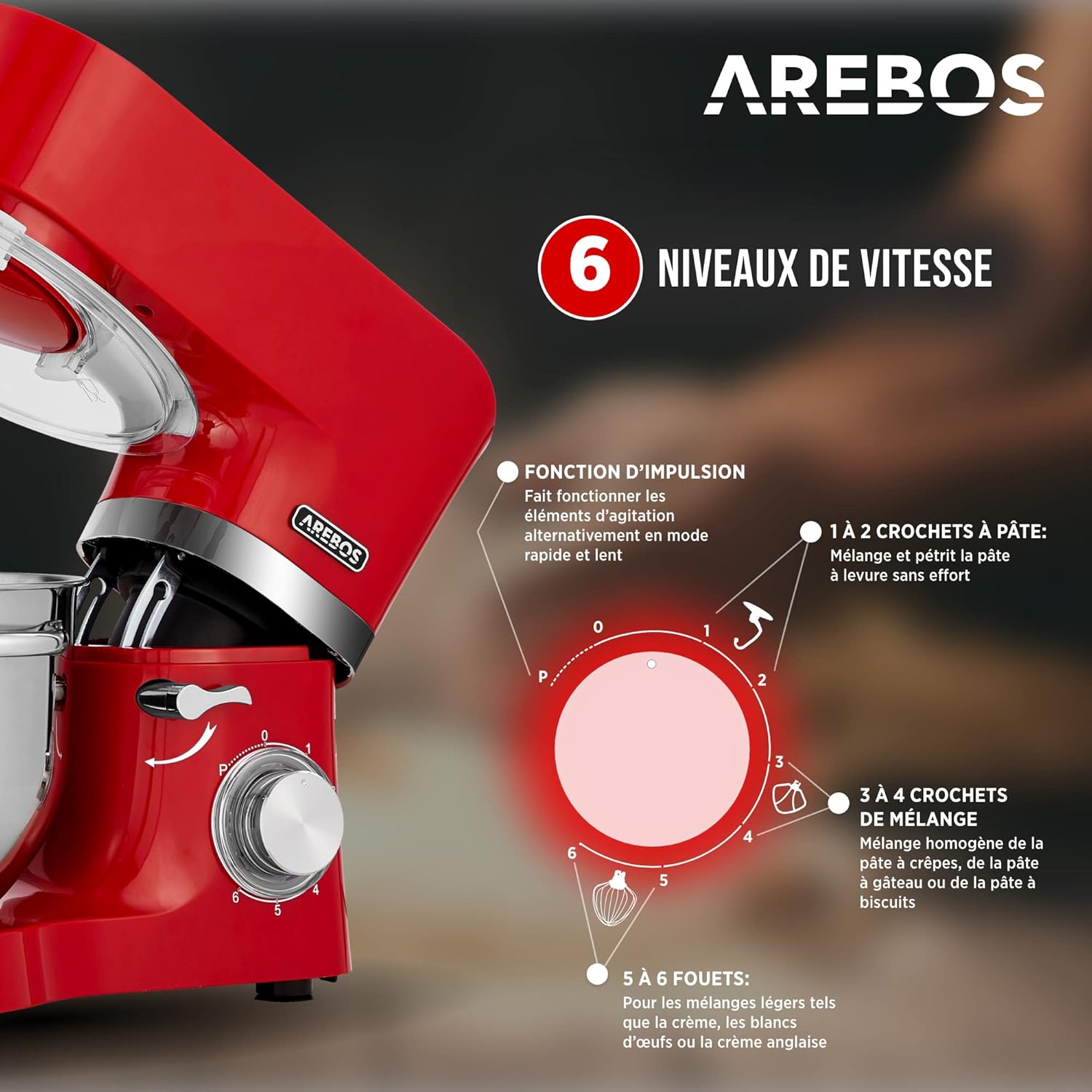 Robot de cuisine Arebos 1500W rouge - Pétrin avec 2x bols en inox 4,5 & 5,5L - Mixeur de cuisine avec crochet mélangeur, crochet pétrisseur, fouet et protection anti-éclaboussures - 6 vitesses