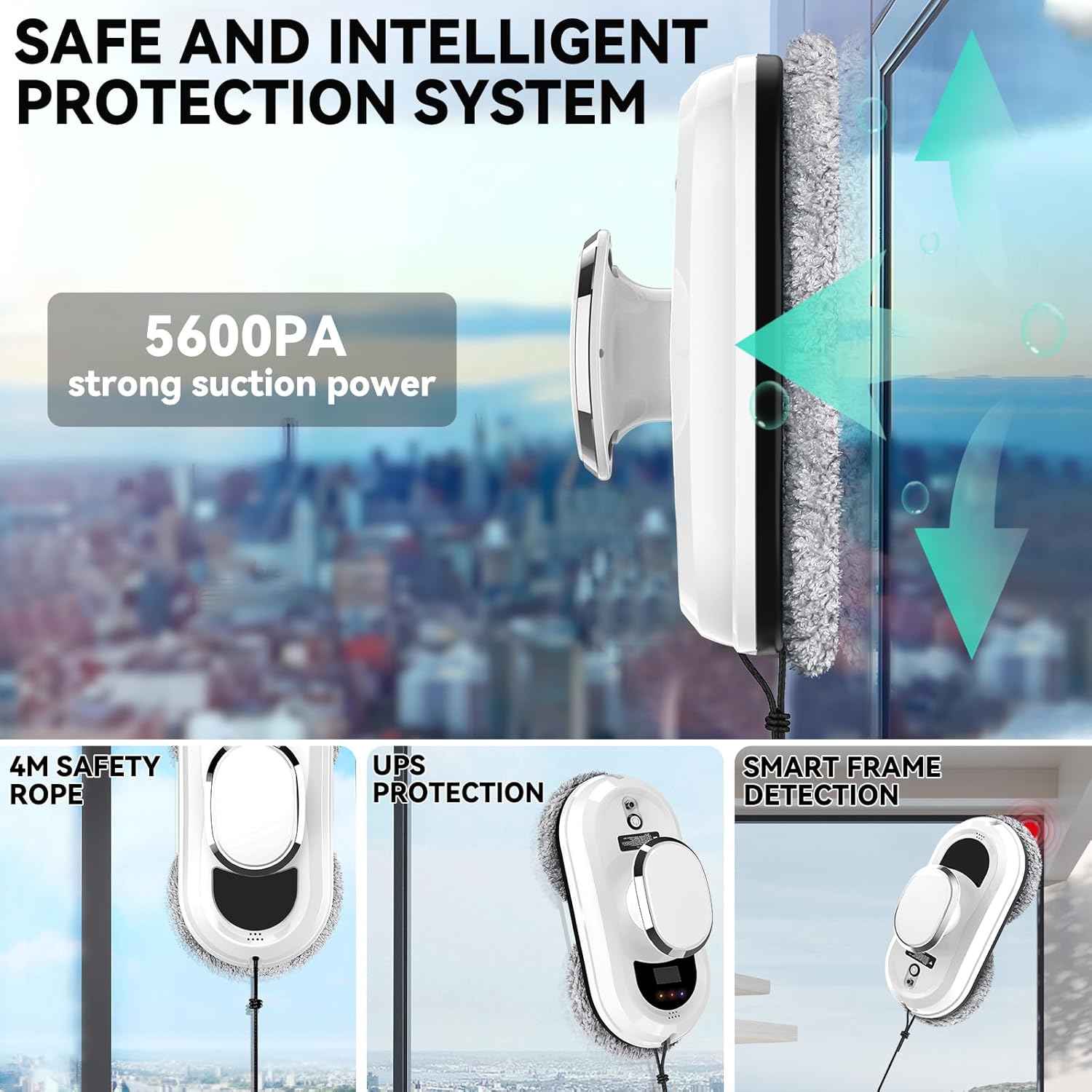 Robot Nettoyeur Vitre, 5800Pa Robot Laveur de Vitre Automatique avec Télécommande, Navigation Intelligente et Détection Des Bords, Système de Sécurité, 10 Chiffons, pour Toutes Les Surfaces Lisses