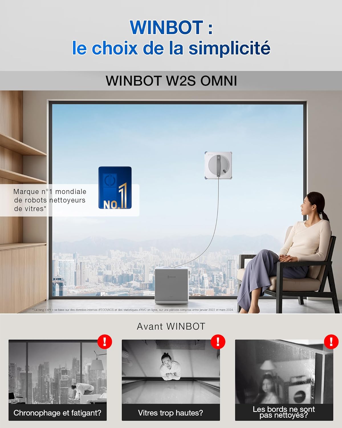 WINBOT W2S Omni Robot Nettoyeur de vitres avec Station, Nettoyage Intelligent Bord à Bord avec la TruEdge™, Charge en Fonctionnement, pulvérisateur d'eau 3 Jets, Protection 12 Niveaux