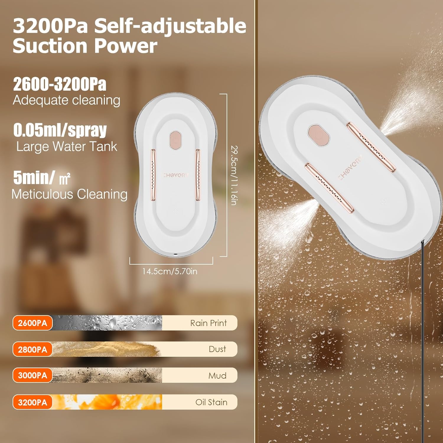 CHOVERY CL-3 Robot Nettoyeur de Vitre 3800Pa avec Fonction Pulvérisateur Robot Laveur de Vitre Automatique électrique avec Double Pulvérisation d'eau CL3 Or