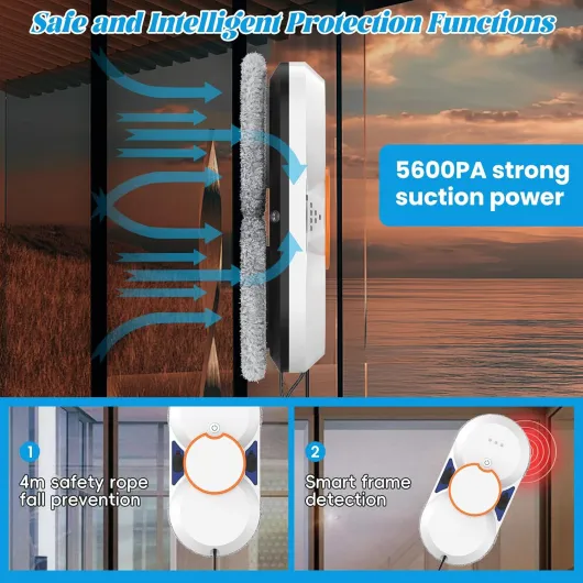 Robot Nettoyeur Vitres, 5600Pa Robot Laveur de Vitre Automatique avec Double Pulvérisation D'eau Automatique, 3 Modes de Nettoyage, Télécommande, Navigation Intelligente, Système de Sécurité＆8 Chiffon