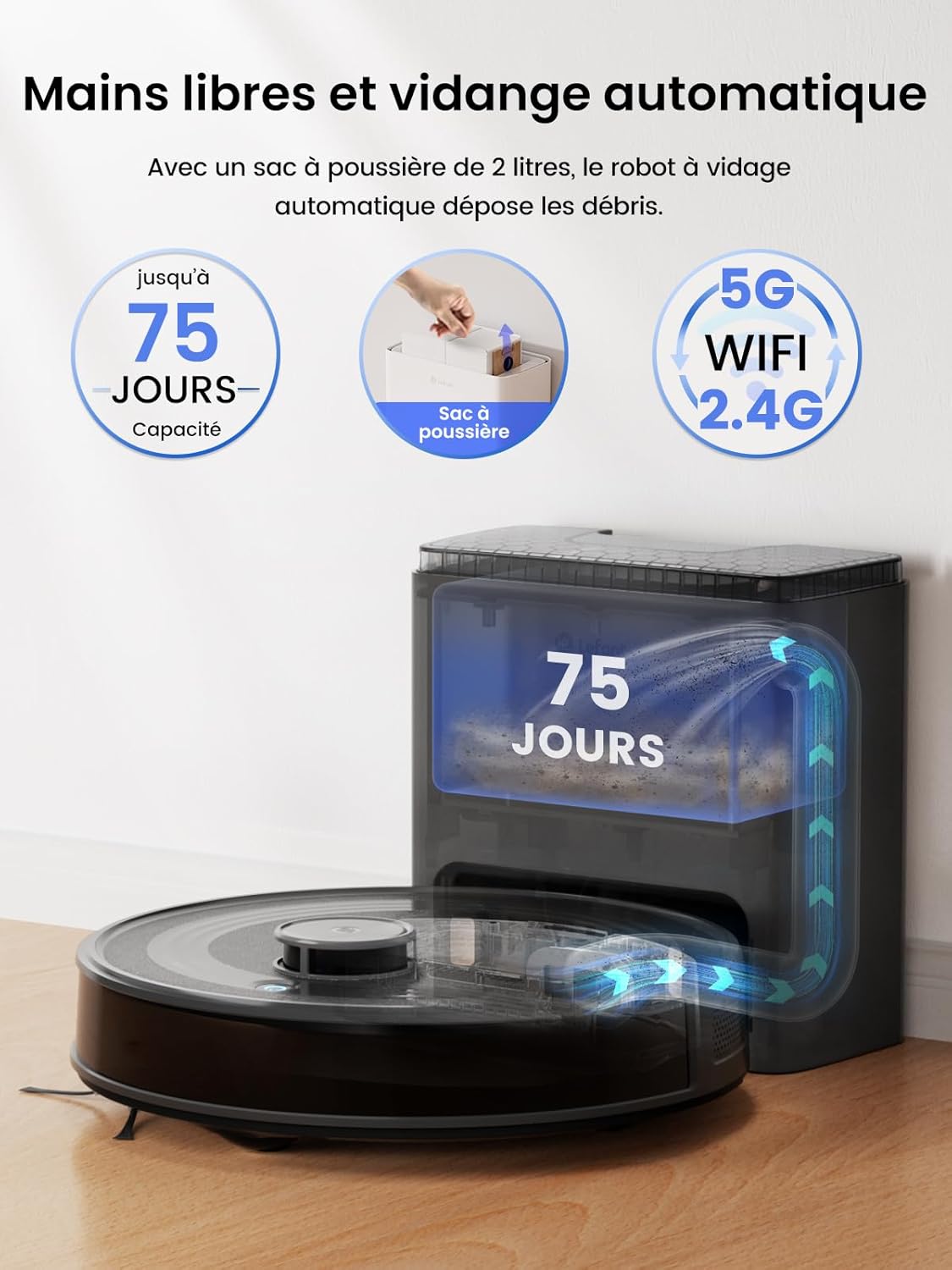 M2 Plus Aspirateur Robot Laveur avec Station 6000Pa Vidage Automatique Poussière,Navigation Laser Cartographie,Évitement d'obstacles PSD,Idéal pour Poils d'animaux/Tapis, WiFi/App/Alexa, Noir