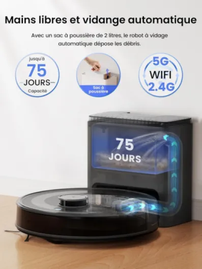 M2 Plus Aspirateur Robot Laveur avec Station 6000Pa Vidage Automatique Poussière,Navigation Laser Cartographie,Évitement d'obstacles PSD,Idéal pour Poils d'animaux/Tapis, WiFi/App/Alexa, Noir