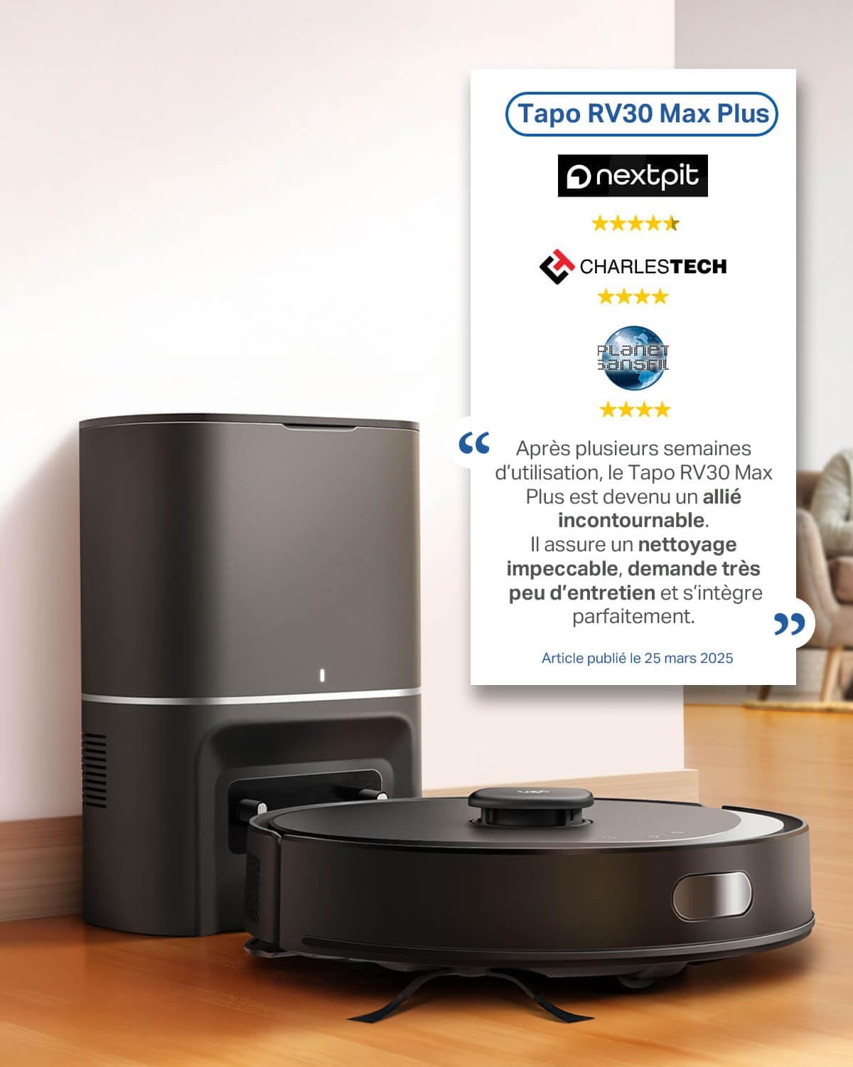 Aspirateur Robot Laveur 4 en 1 RV30Max Plus Vidage Automatique, Silencieux et Fin, Ultra puissante de 5300Pa, Navigation LiDAR, Auto-Charge Autonomie 150min, Tapis et Poils d'animaux Avec station de auto-vidage Noir