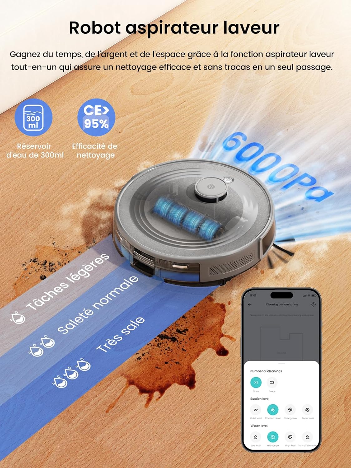 M2 Pro Robot Aspirateur Laveur 6000Pa avec Station Vidage Automatique Poussière,Navigation Laser avec Cartographie,Nettoyage Personnalisé, Évitement d'obstacles PSD, Idéal pour Poils d'animaux