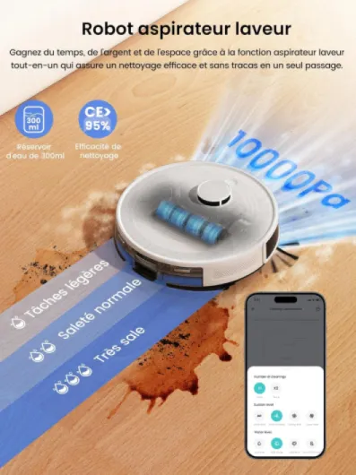M2S Pro Robot Aspirateur Laveur 10000Pa avec Station Vidage Automatique Poussière,Navigation Laser avec Cartographie,Nettoyage Personnalisé, Évitement d'obstacles PSD,Idéal pour Poils d'animaux