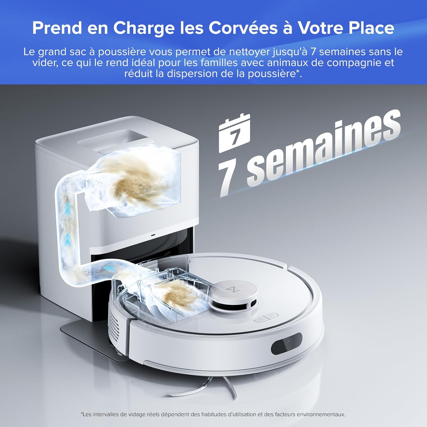 Q7 L5+ Set Aspirateur Robot Laveur avec Station, 8000 Pa Aspiration, Vidange Automatique, 3 Niveaux d'eau, Double Anti-emmêlement, Navigation LiDAR, Idéal pour Poils d'animaux/Tapis, App Q7 L5+ Set Blanc