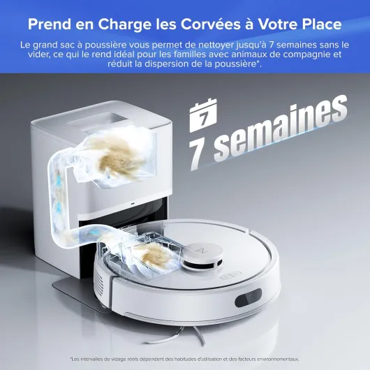 Q7 L5+ Set Aspirateur Robot Laveur avec Station, 8000 Pa Aspiration, Vidange Automatique, 3 Niveaux d'eau, Double Anti-emmêlement, Navigation LiDAR, Idéal pour Poils d'animaux/Tapis, App Q7 L5+ Set Blanc