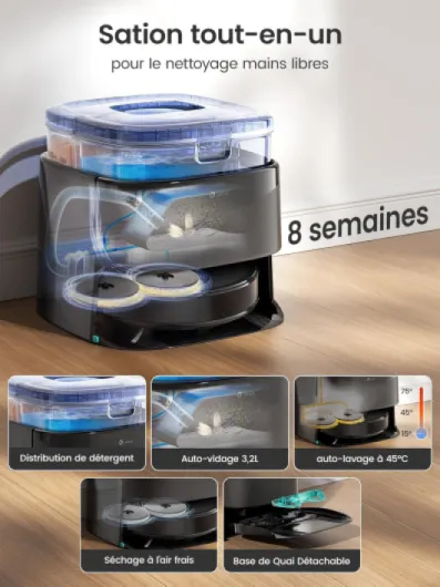 M3 Max Robot Aspirateur Laveur 20 000 Pa, Station Multifonctionnelle, Double Serpillière Rotative 200 TR/Min & Relevable 9mm, Navigation dToF, Évitement d'obstacles PSD, 220min, 5G/2.4G M3 Max Noir
