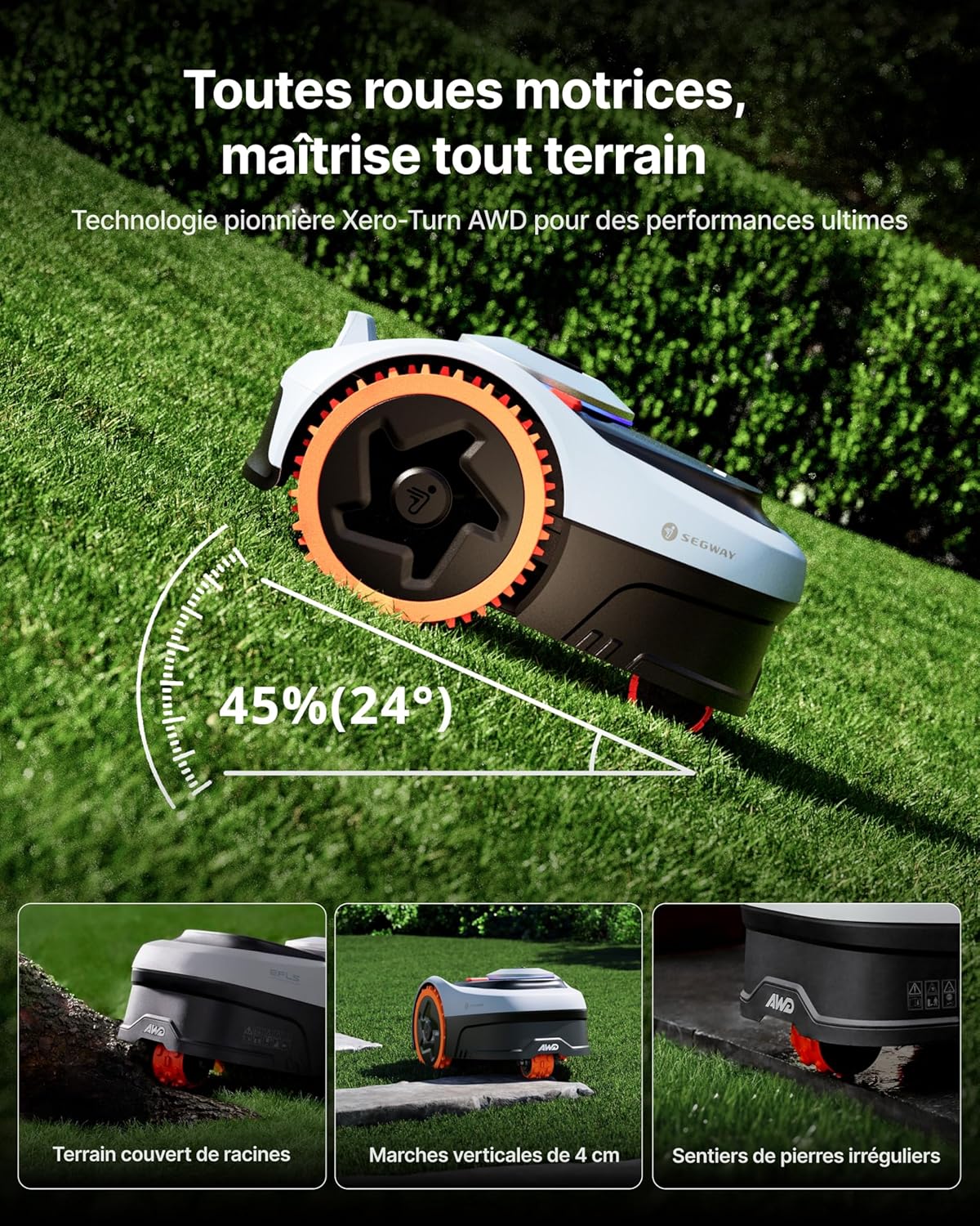 Segway Navimow i205 AWD Robot Tondeuse sans Fil périphérique, Trois Roues motrices, Monte Les pentes jusqu'à 45%, EFLS NRTK + Vision, Cartographie Automatique, sans antenne, Jardin de 500 m²