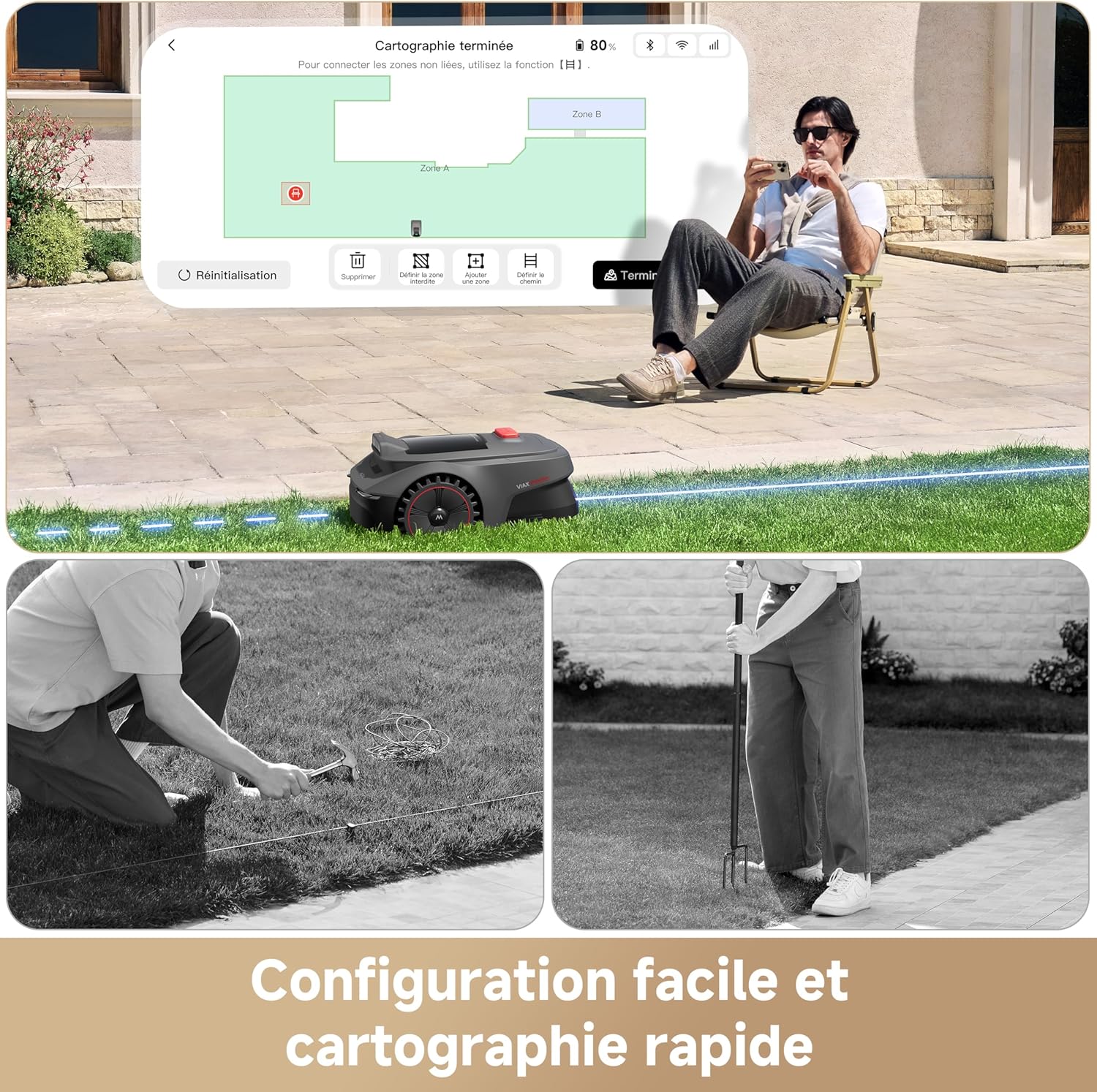 ViAX 250 Robot Tondeuse sans Fil périphérique, Recommandé 250 m², Cartographie à Assistance IA, Trajectoire en U, Évitement Double Vision, Coupe Bordure Optimisée, Tous Terrains, Contrôle App