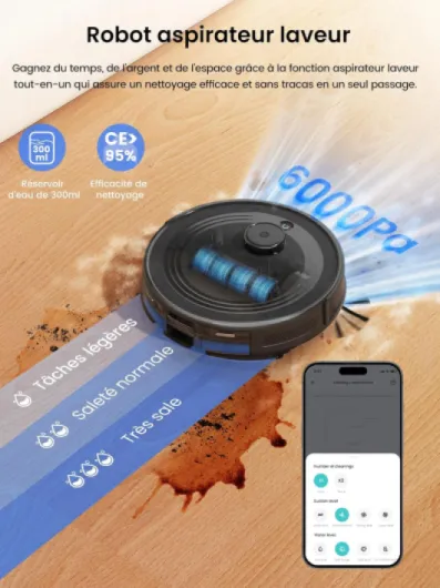 M2 Pro Robot Aspirateur Laveur 6000Pa avec Station Vidage Automatique Poussière,Navigation Laser avec Cartographie,Nettoyage Personnalisé, Évitement d'obstacles PSD, Idéal pour Poils d'animaux