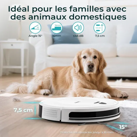 E6 Aspirateur Robot, Robot Aspirateur avec 7000 Pa Puissance d’Aspiration, Jusqu’à 170 Min Autonomie, avec Station de Charge, Télécommande et APP, Idéal pour Poils d’Animaux, Tapis, Sols Durs Blanc
