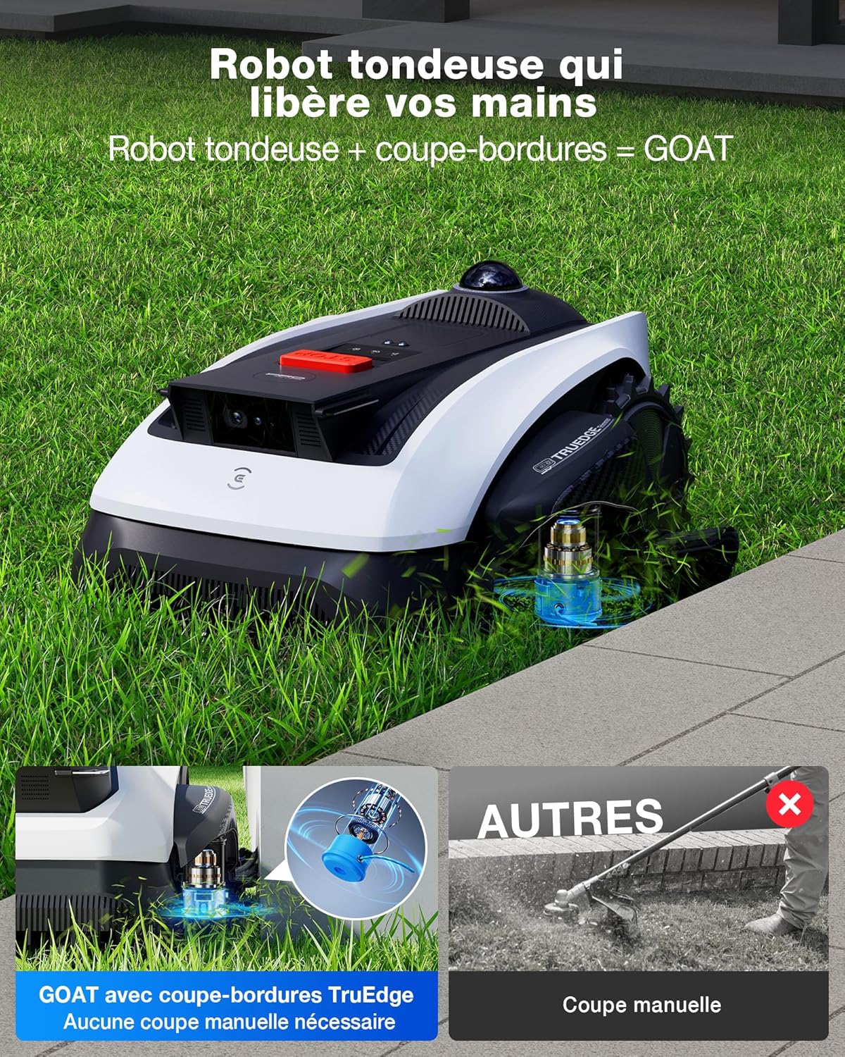 Goat O1200 LiDAR Pro Robot Tondeuse sans Fil, 1200 m²,° Navigation Dual-LiDAR 360°, Cartographie Auto, Évitement d'obstacles 3D par IA, Coupe Précise des Bords avec Le Coupe-Bordures TruEdge