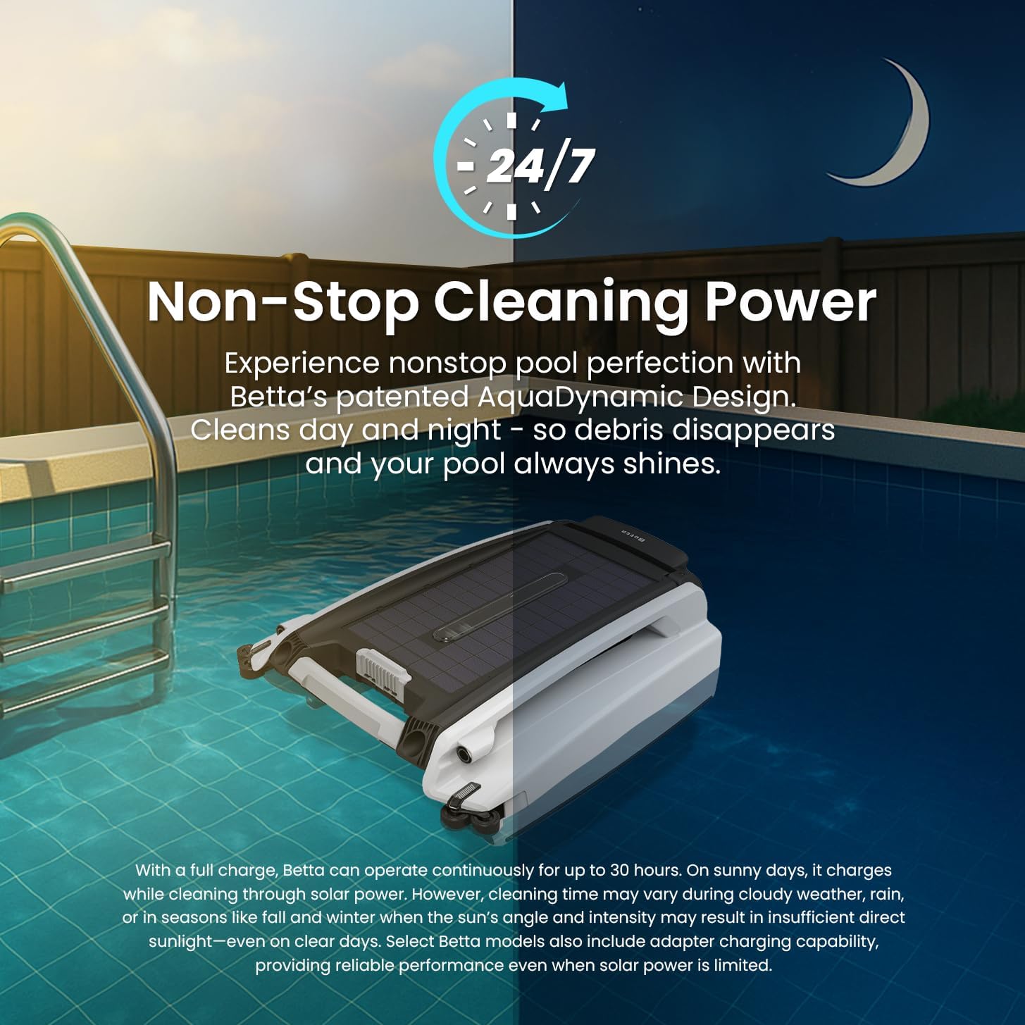 Betta SE Robot Nettoyeur Skimmer Solaire de Surface Piscine, Autonomie 30h, Moteurs Résistants Sel/Chlore, Anti-Obstacle Intelligent, Nettoyage Automatique 24/7 - Blanc