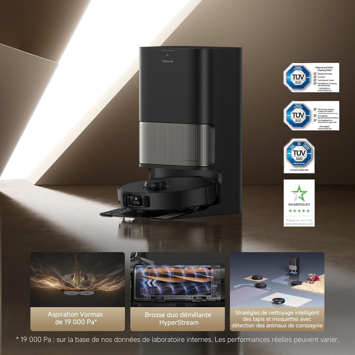 L40s Pro Ultra Robot Aspirateur, 19 000 Pa, Brosse Double HyperStream, Franchit 4 cm, Brosse latérale extensible et relevable, Nettoyage à la serpillière à l'eau chaude à 75°C,Auto-nettoyant3.0