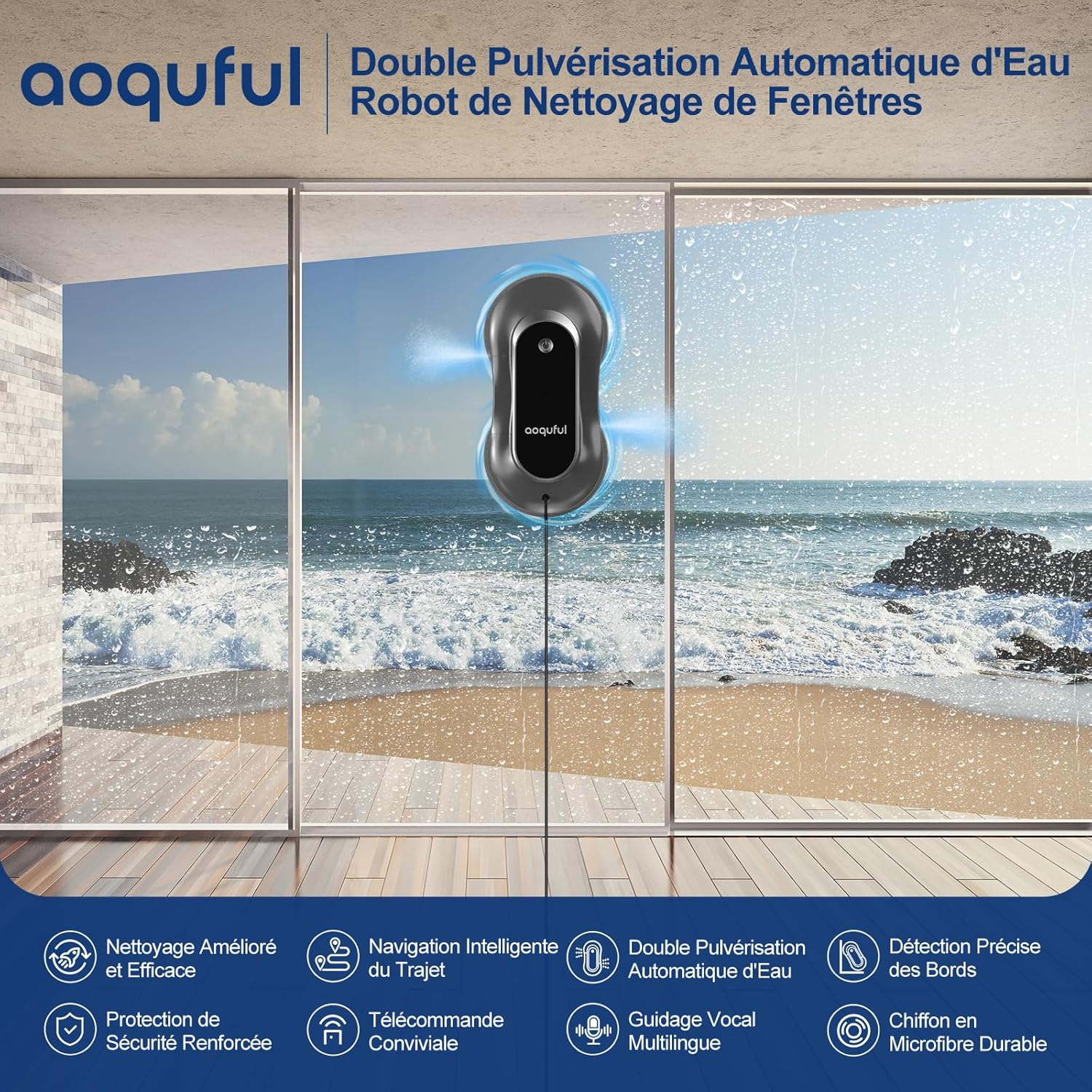 Robot Laveur de Vitre Intelligent - Nettoyeur de Vitres Électrique avec Double Pulvérisation d'eau, Télécommande & Contrôle Via Application, pour Fenêtres Intérieures & Extérieures, Gris Yw160s Gris Fr3