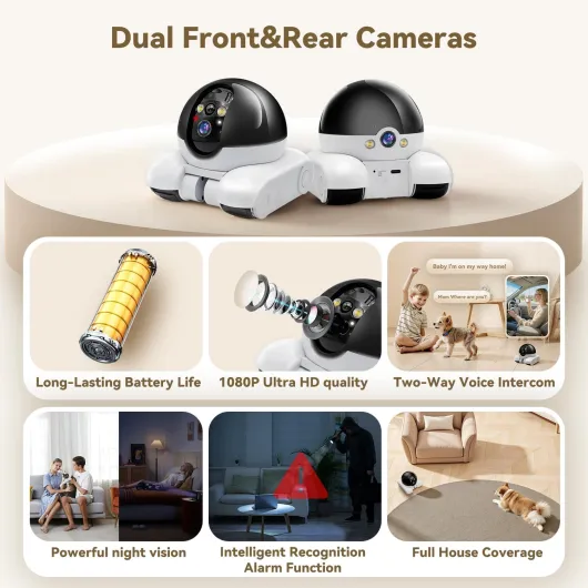 AEZ Robot caméra sur roues 1080p double objectif, caméra de sécurité intérieure mobile avec conversation bidirectionnelle, robot à distance avec vision nocturne, batterie 5200 mAh et contrôle par