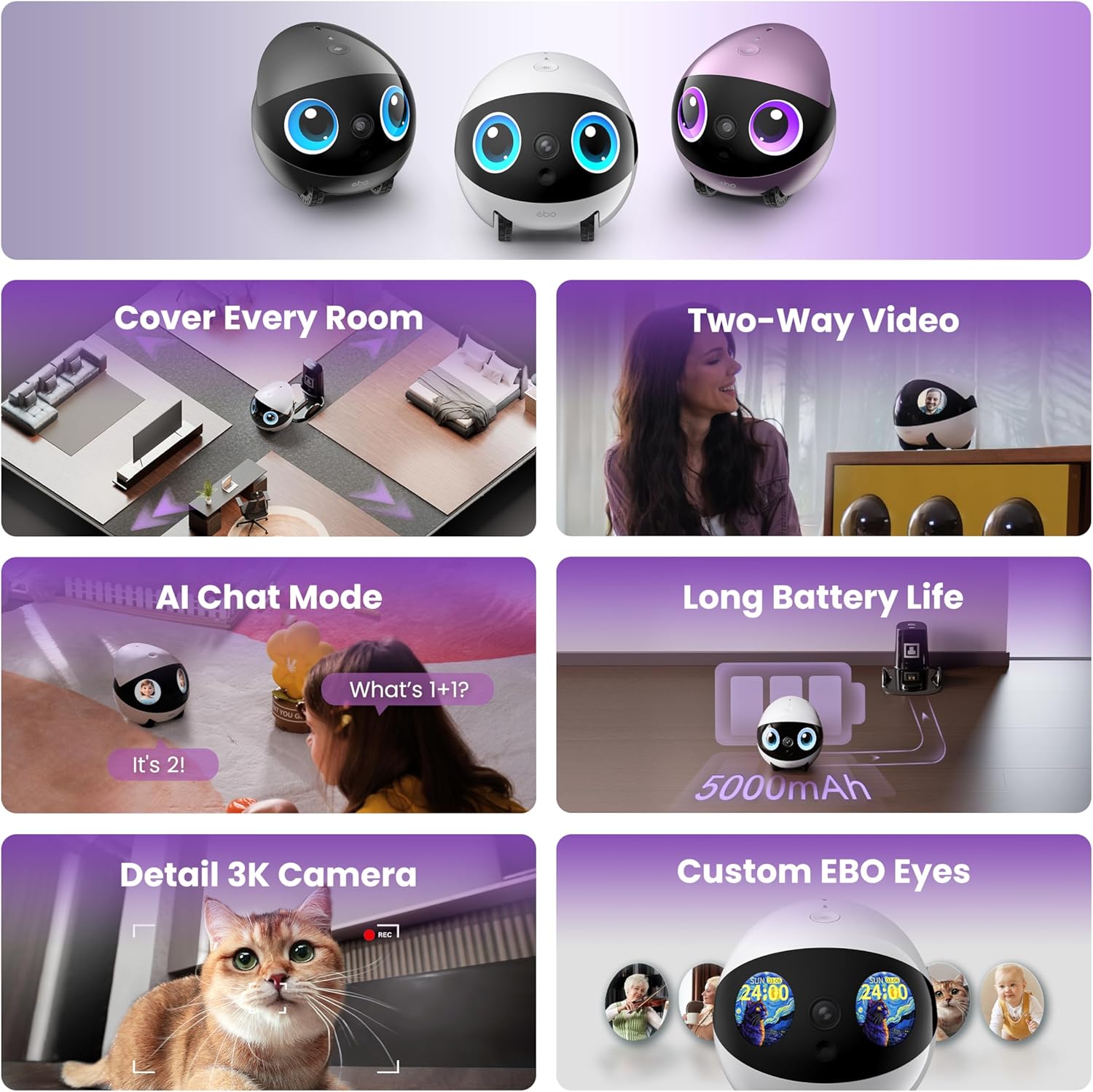 Air 2 Plus FamilyBot, Robot mobile IA, caméra de surveillance 3K pour la maison et les animaux, audio bidirectionnel, batterie, image faciale personnalisée (blanc lunaire)