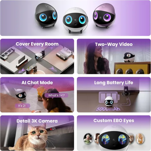Air 2 Plus FamilyBot, Robot mobile IA, caméra de surveillance 3K pour la maison et les animaux, audio bidirectionnel, batterie, image faciale personnalisée (blanc lunaire)