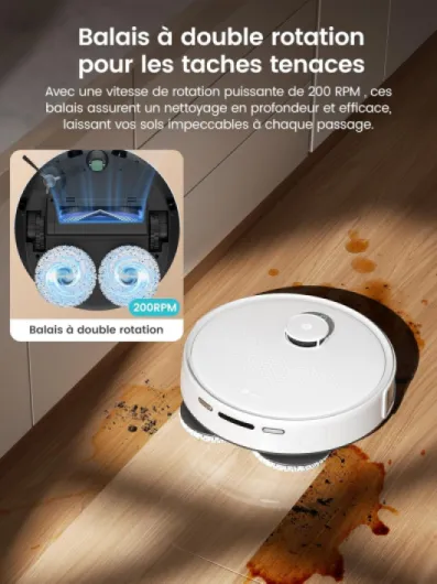 M3 Robot Aspirateur Laveur 12 000 Pa, Station Multifonctionnelle, Double Serpillière Rotative 200 TR/Min, Navigation dToF, Évitement d'obstacles PSD, 220min, 30 réglages de Niveau d'eau Blanc