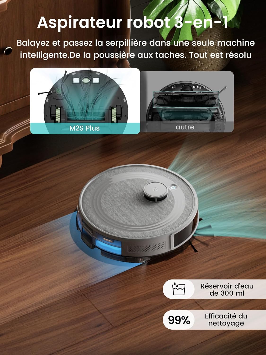 M2S Plus Aspirateur Robot Laveur avec Station, 10000Pa Aspirateur, Vidange Automatique, Évitement d'obstacles, 240min, Idéal pour Les Poils d'animaux Tapis Sols Durs, Connecté avec Alexa/App Gris Profond