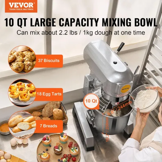 Robot Pâtissier Commercial 10 L, Batteur sur Socle avec 3 Vitesses Réglables, Mixeur à Pâte 550 W avec Bol en Inox et 3 Accessoires de Mélange, pour Restaurant, Boulangerie, Pâtisserie, Café B10B